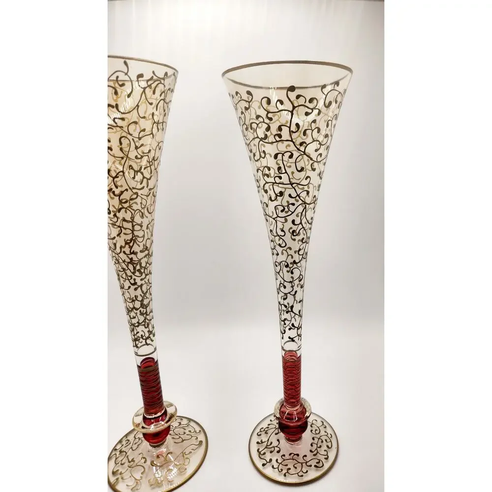 Pier 1 Fluted Champagne Glasses P1C8 Gold Filigree Red Stem Set of 2 Vintage